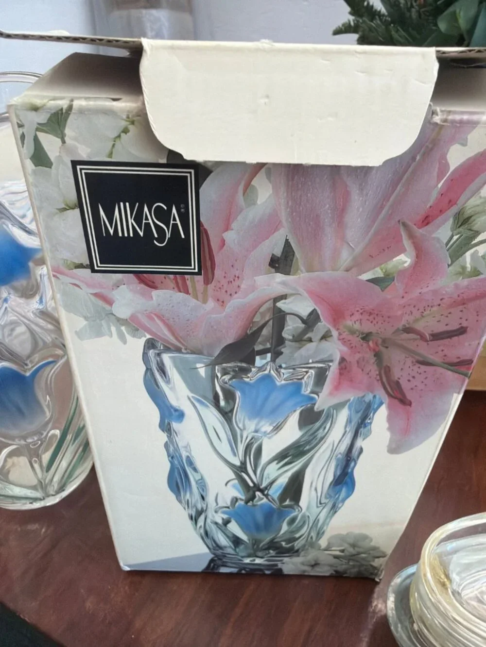 Mikasa Blue Floral Glass Vase with Raised Flower Pattern